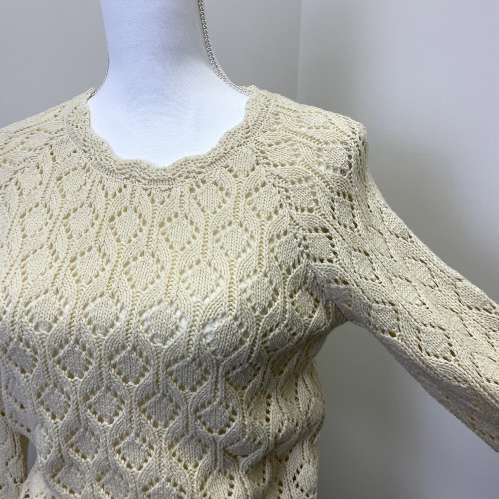 Marine Layer Cream Pointelle Knit Drawstring Sweater XS Diamond Open Knit Boho - Picture 3 of 14